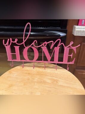 “Welcome Home “Pink Wall Hook Rack for keys Rhinestone accents